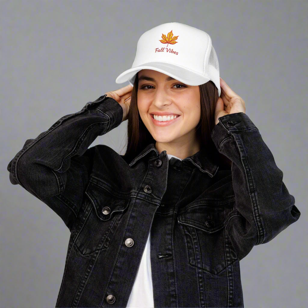 Embroidered Fall Vibes Foam Trucker Hat, Autumn Hat, Cool Weather Accessory, Outdoor Lifestyle, Gift for Him/Her