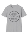 Gray t-shirt with 'Your Design Here' text on a white background