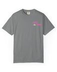 Gray t-shirt with pink and yellow design on a white background