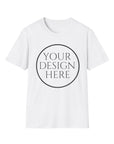 White t-shirt with 'Your Design Here' text on a white background