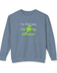 Blue sweatshirt with text 'I'm Not Lazy, I'm Energy Efficient' on a white background