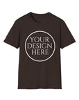 Brown t-shirt with 'Your Design Here' text on a white background