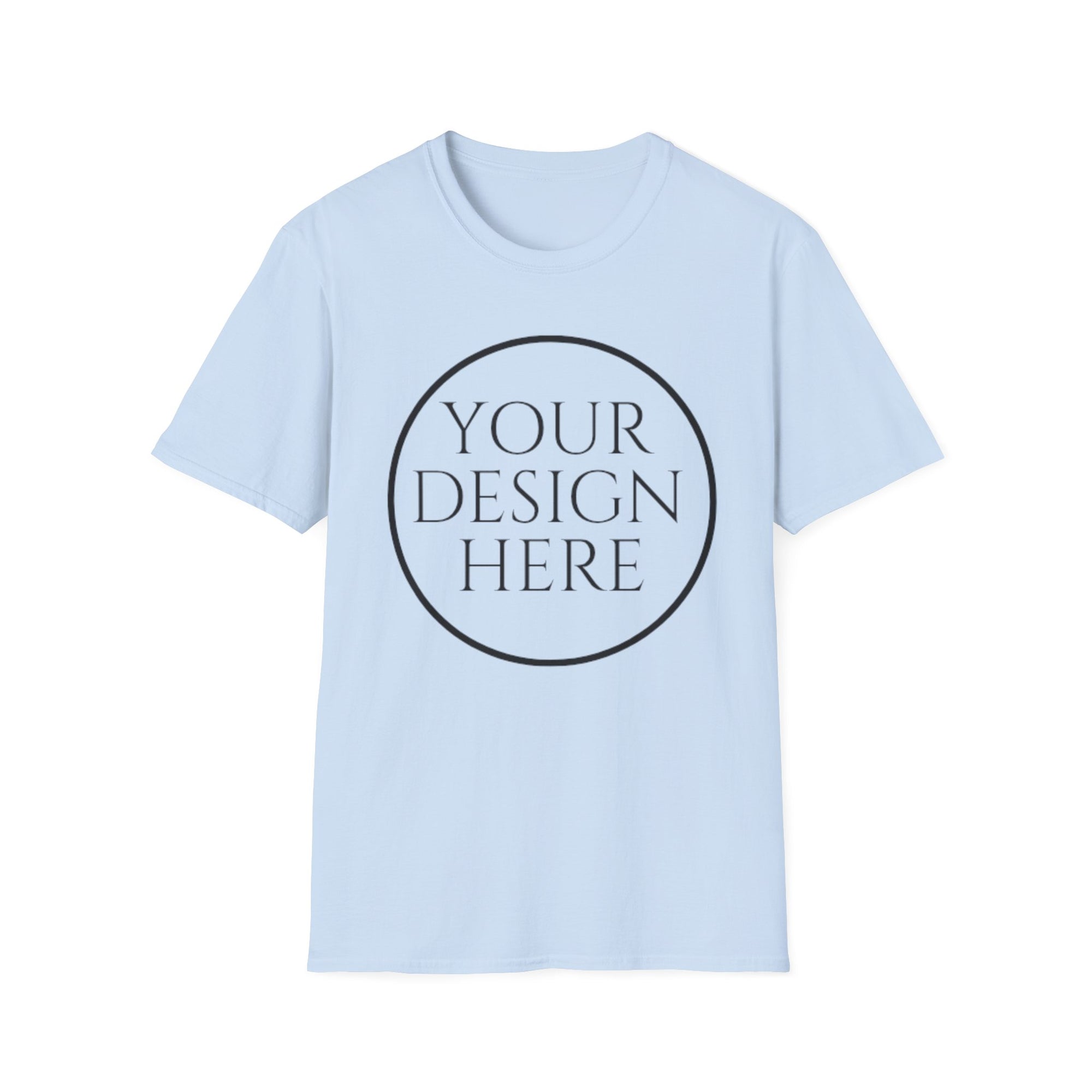 Light blue t-shirt with 'Your Design Here' text on a white background