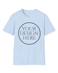 Light blue t-shirt with 'Your Design Here' text on a white background