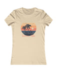 Beige t-shirt with a tropical design featuring palm trees and a sunset, labeled 'Summer Vibe'.