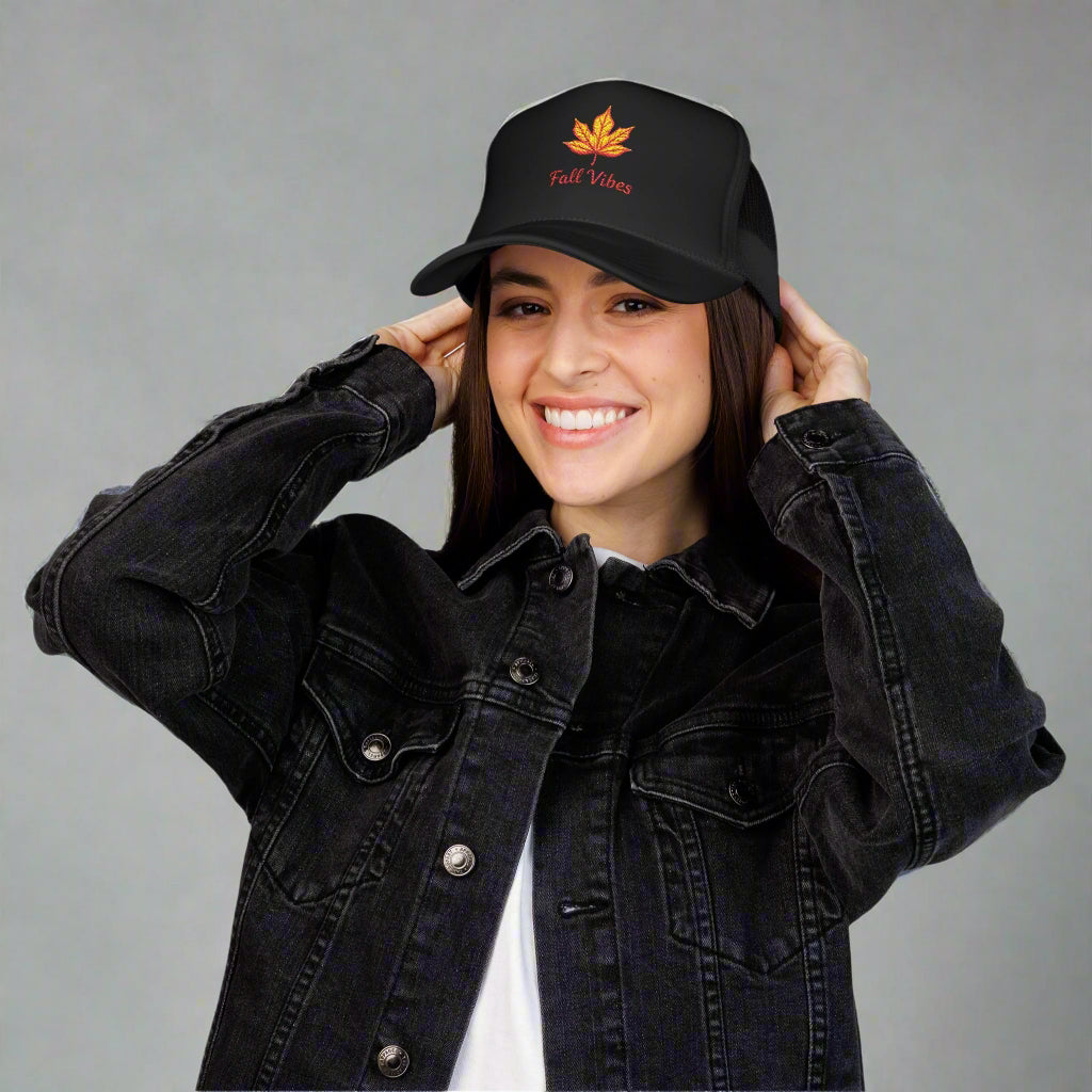 Embroidered Fall Vibes Foam Trucker Hat, Autumn Hat, Cool Weather Accessory, Outdoor Lifestyle, Gift for Him/Her
