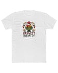 White t-shirt with 'Harvest Infinity' graphic design on a white background