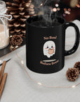 Ghostly Coffee Mug: No Boo Before Brew - Funny Halloween Black Mug