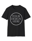 Black t-shirt with 'Your Design Here' text on a white background