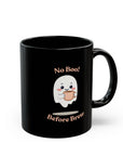 Ghostly Coffee Mug: No Boo Before Brew - Funny Halloween Black Mug