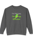 Gray sweatshirt with text 'I'm Not Lazy, I'm Energy Efficient' on a white background