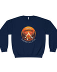 Navy blue sweatshirt with a campfire graphic and text on a white background