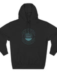 Black hoodie with a blue graphic design on a white background