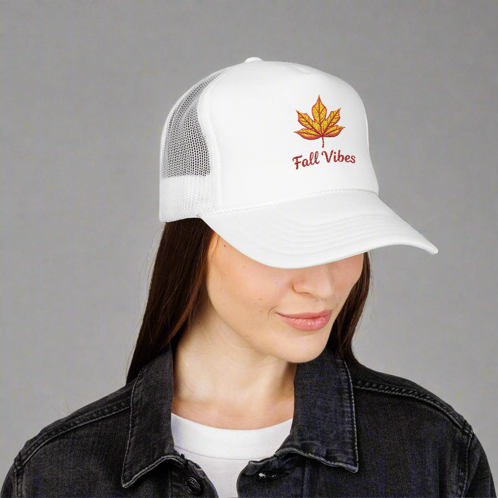Embroidered Fall Vibes Foam Trucker Hat, Autumn Hat, Cool Weather Accessory, Outdoor Lifestyle, Gift for Him/Her