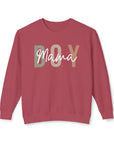 Red sweatshirt with 'Mama Boy' text on a white background