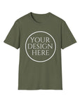 Green t-shirt with 'Your Design Here' text on a white background
