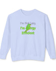 Light blue sweatshirt with green text and graphic on a white background