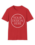 Red t-shirt with 'Your Design Here' text on a white background
