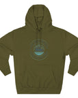 Green hoodie with a circular logo on a white background