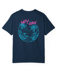 Navy blue t-shirt with a tropical graphic and 'Salty Vibes' text on a white background