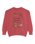 Red sweatshirt with 'Sweater Weather Forever' text and floral design on a white background