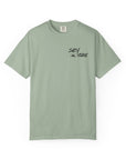 Green t-shirt with 'Salty Vibes' text on a white background