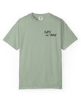 Green t-shirt with 'Salty Vibes' text on a white background