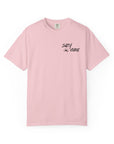 Pink t-shirt with 'Salty Vibes' text on a white background