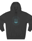 Black hoodie with a blue logo on a white background