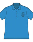 Blue polo shirt with customizable logo area on a beige background