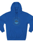 Blue hoodie with a logo on a white background