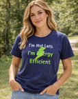 Woman wearing a blue t-shirt with a humorous message outdoors