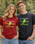 Two people wearing t-shirts with humorous text and graphics outdoors.