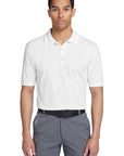 Man wearing a white polo shirt and gray pants on a white background