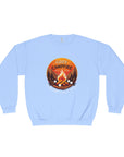 Light blue sweatshirt with a campfire graphic and text on a white background