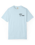 Light blue t-shirt with 'Salty Vibes' text on a white background