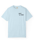 Light blue t-shirt with 'Salty Vibes' text on a white background