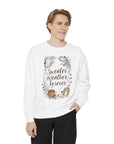 Man wearing a white sweatshirt with 'Sweater Weather Forever' text and autumn-themed design on a white background