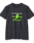 Black t-shirt with humorous text design on a white background