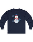 Navy blue long-sleeve shirt with a snowman design on a white background