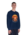 Person wearing a navy blue sweatshirt with a campfire graphic and text on a white background