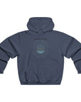 Blue hoodie with a logo on the back against a white background