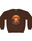 Brown sweatshirt with a campfire graphic and text on a white background