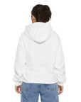 Person wearing a white hoodie and blue jeans on a white background