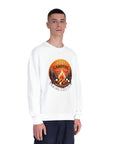Person wearing a white sweatshirt with a campfire graphic and text on a white background