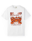White t-shirt with pumpkin design and text on a white background