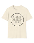 Beige t-shirt with 'Your Design Here' text in the center on a white background