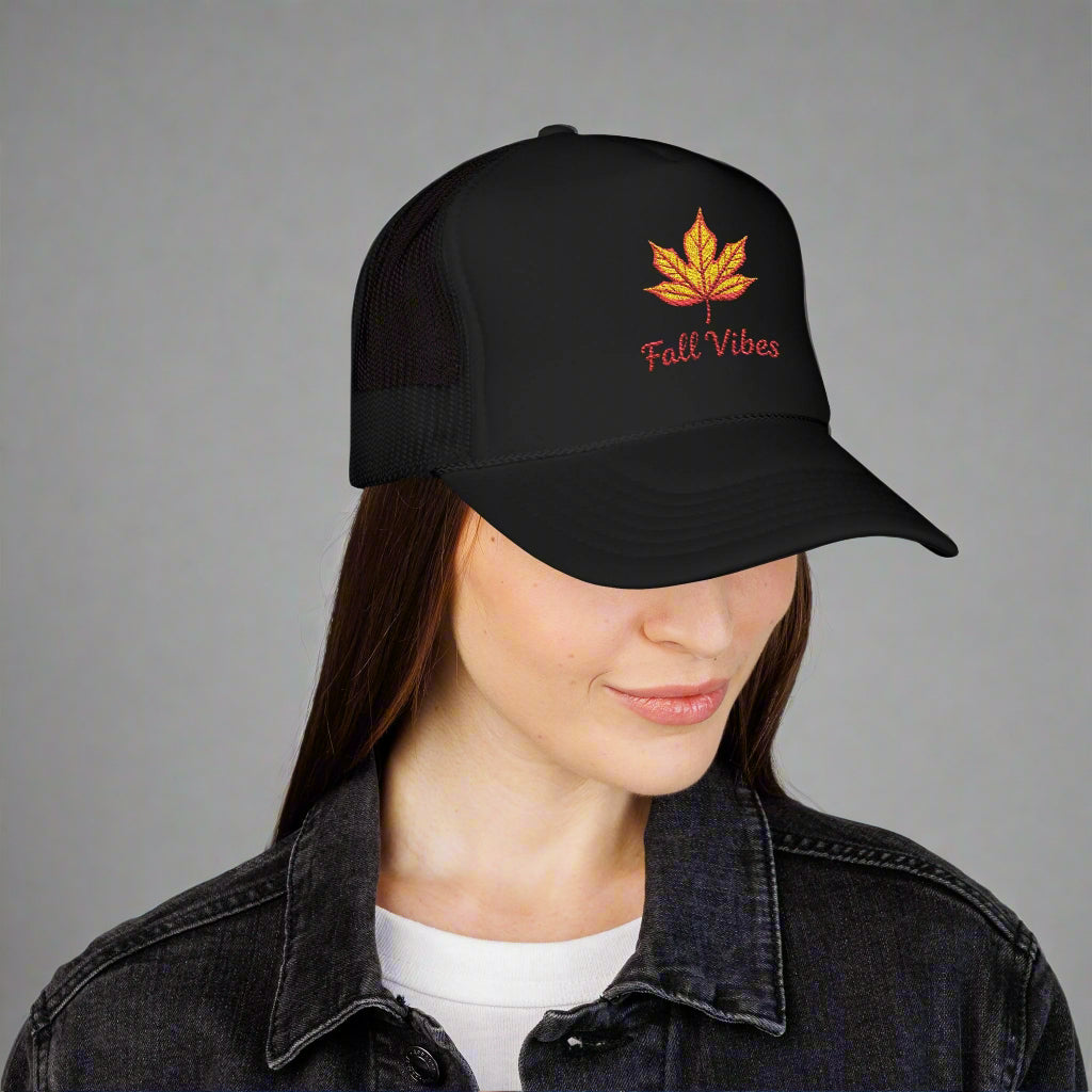 Embroidered Fall Vibes Foam Trucker Hat, Autumn Hat, Cool Weather Accessory, Outdoor Lifestyle, Gift for Him/Her