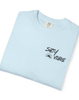 Light blue t-shirt with 'Salty Vibes' text on a white background