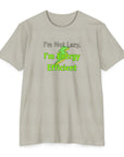 Beige t-shirt with humorous text design on a white background